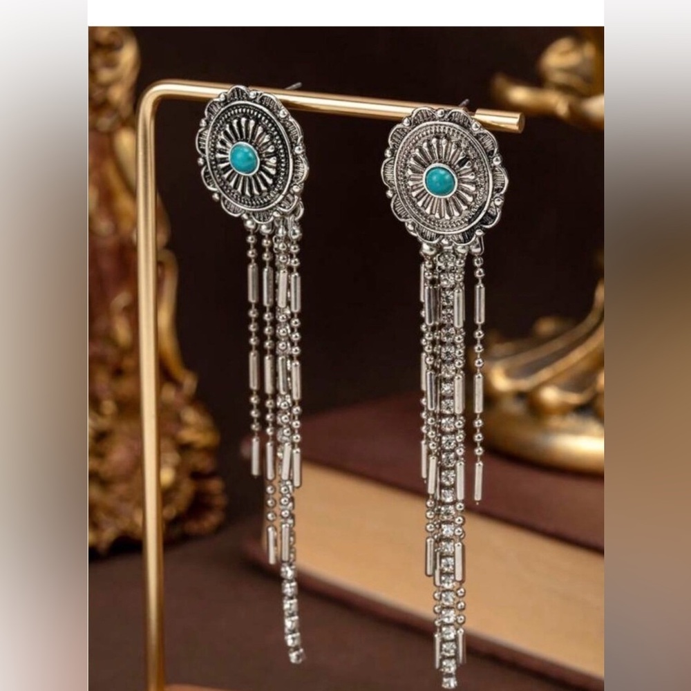 Western Earrings Silver Turquoise Fringe Drop Earrings - Women Jewelry